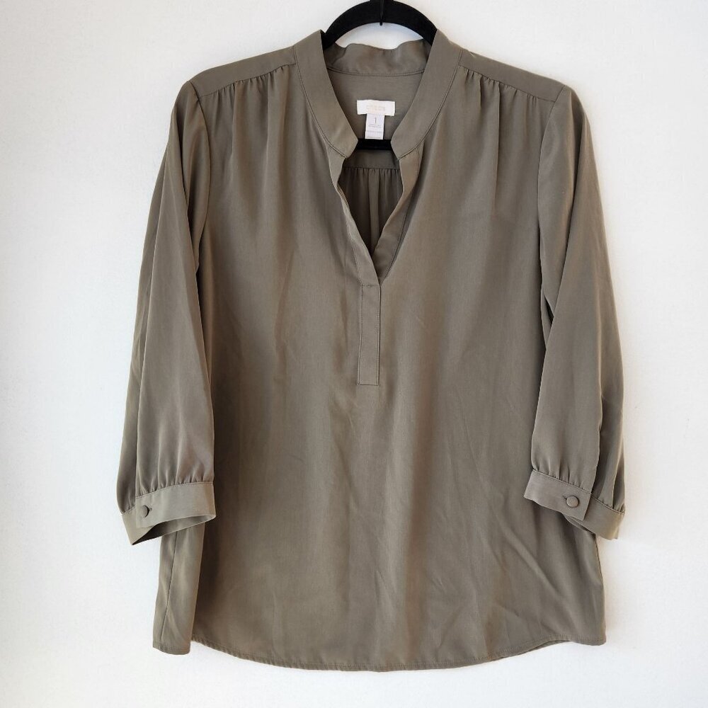$10 SALE Chico's Silky Olive Green Popover Blouse Tunic Top Shirt M/8